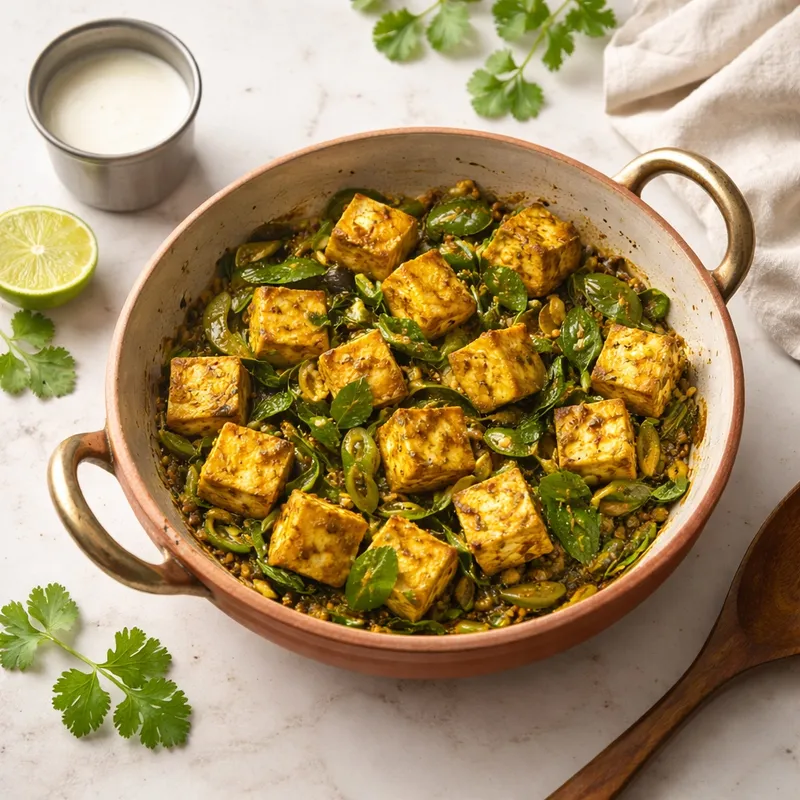 Tofu cooked in a pan with Kerala spices